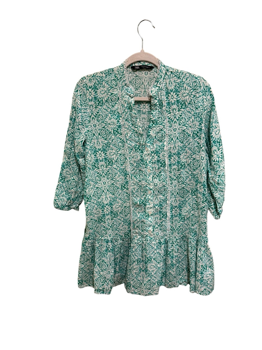 NWOT Zara Green and White Floral Peasant Top/Swim Coverup - Size S (oversized)